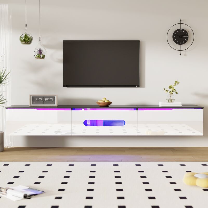Tanant – Meuble TV suspendu 180 cm – Finition brillante – Rangement avec charnières Soft-Clean – Éclairage LED 16 couleurs – Blanc moderne