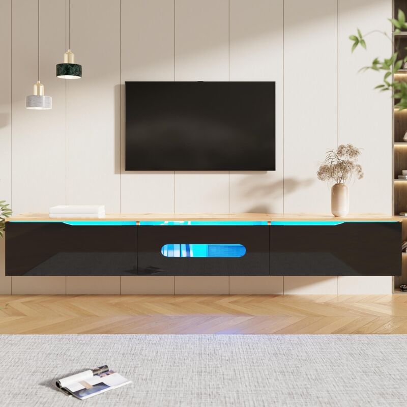 Tanant - Meuble tv suspendu 180 cm, finition brillante, rangement, charnières Soft-Clean, éclairage led 16 couleurs, meuble tv moderne - Noir+Naturel