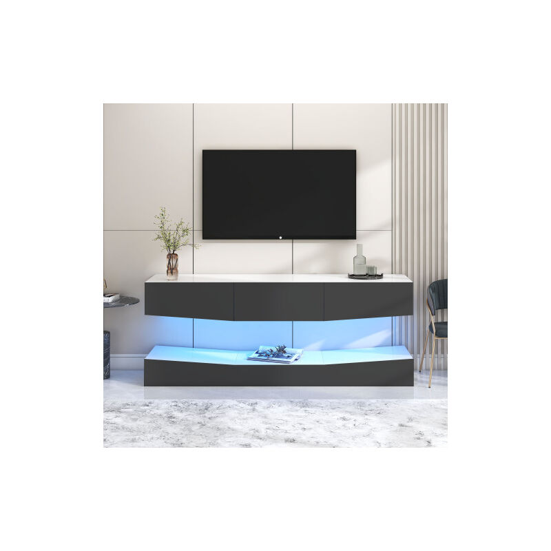 Meuble tv suspendu 180cm avec trois tiroirs et éclairage led pour salon et bureau, noir