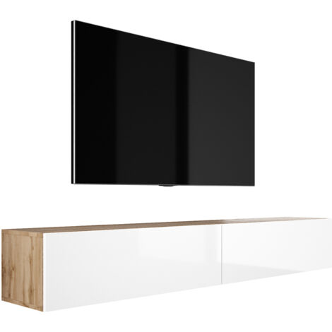 Meuble TV Suspendu, (2 × 100) × 34 × 32 cm, Chêne Wotan / Blanc Brillant