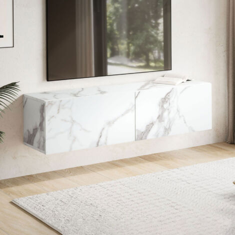Meuble TV suspendu 2 portes 120x30x30 cm effet marbre blanc - KYONI