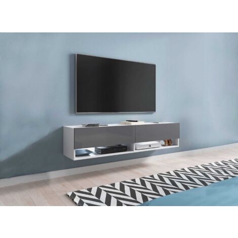 Meuble TV suspendu 2 portes 2 niches blanc et gris ROMANE XXL -