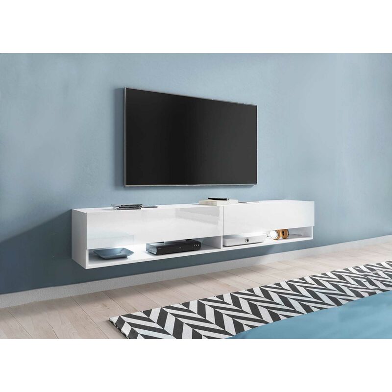Meuble TV suspendu 2 portes 2 niches blanc ROMANE XXL - 180 cm