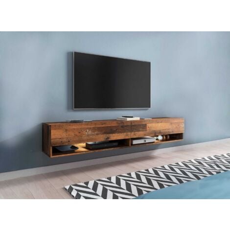 ROMANE - Meuble TV suspendu 2 portes 2 niches en chêne vieilli ROMANE XXL - 180 cm