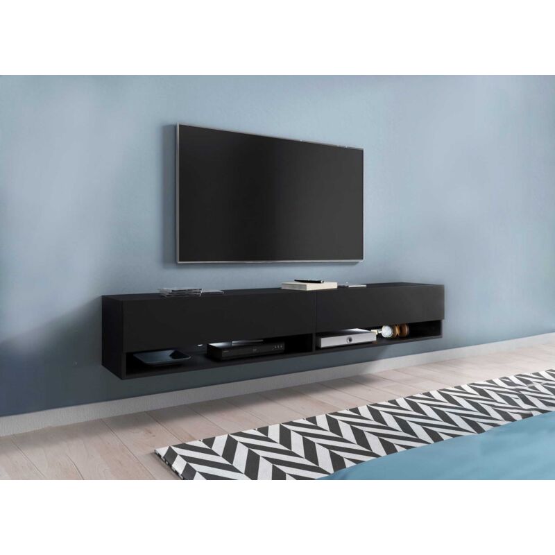 Deco In Paris - romane - Meuble tv suspendu 2 portes 2 niches noir romane xxl - 180 cm