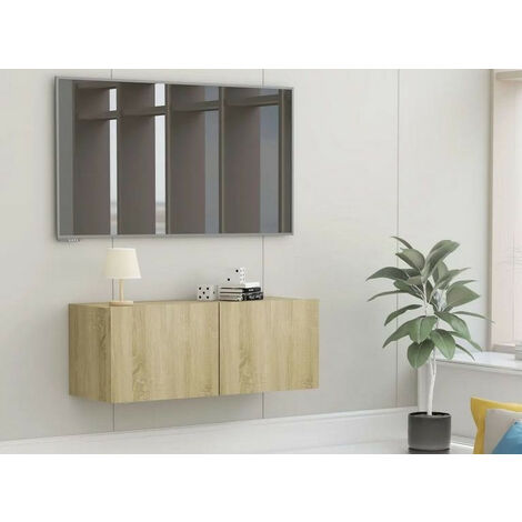 Meuble TV suspendu 2 portes bois chêne clair Oned 80cm