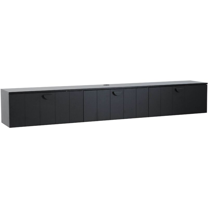 Oviala – Meuble TV suspendu 200 cm noir – MDF mélaminé – 3 orifices pour câbles – Fixation murale robuste – Style moderne et épuré