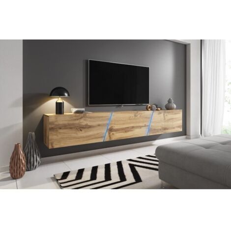 Meuble TV suspendu 240 cm – 3 portes LED RGB – bois neutre avec rainures diagonales – installation suspendue ou au sol – Vivaldi