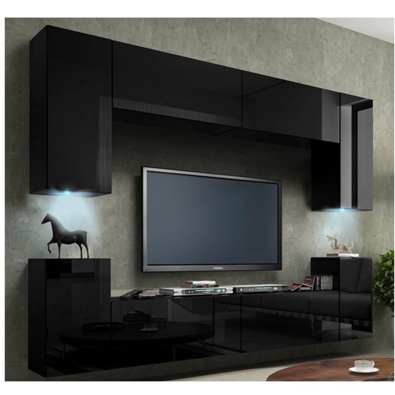 Meublorama - Meuble tv suspendu 240cm collection cepto, 4 portes, coloris noir brillant.