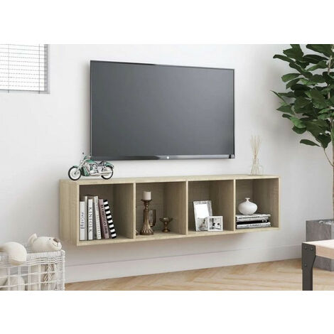 Meuble TV suspendu 4 niches bois chêne clair Neone 143cm