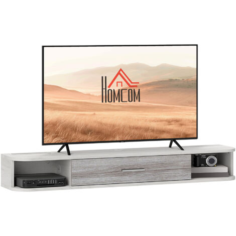 Meuble TV Suspendu avec 2 Étagères Ouvertes et Armoire à Porte Rabattable, Meuble pour Téléviseur en Bois, 120x26x16 cm, Blanc et Gris