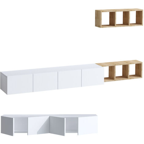 Meuble TV suspendu avec étagère murale en bois "Pia"- 215 x 32 x 25 cm - Blanc