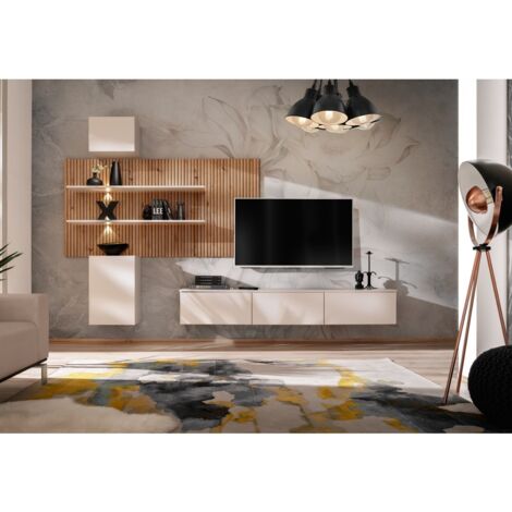 Meuble TV suspendu avec panneau mural en bois TRIPOLI