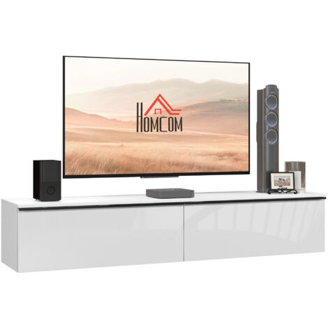 Meuble TV suspendu avec placard, pour téléviseurs jusqu'à 70 pouces, effet brillant, blanc-Blanc