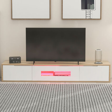 Meuble TV suspendu / Banc TV - Bois blanc et noir brillant - avec éclairage LED - 2 tiroirs et 1 porte pliante - 180x30x35 cm