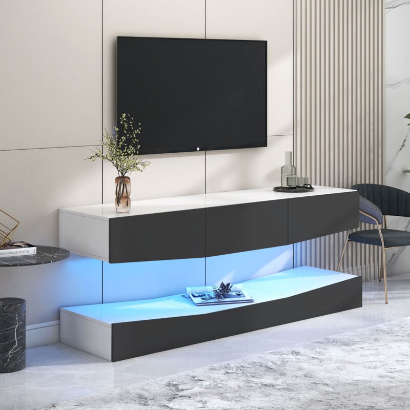 Yoleo - Meuble tv suspendu brillant avec éclairage LED,Meuble tv de salon Moderne flottant mural avec 3 Tiroirs,L 180cm Noir