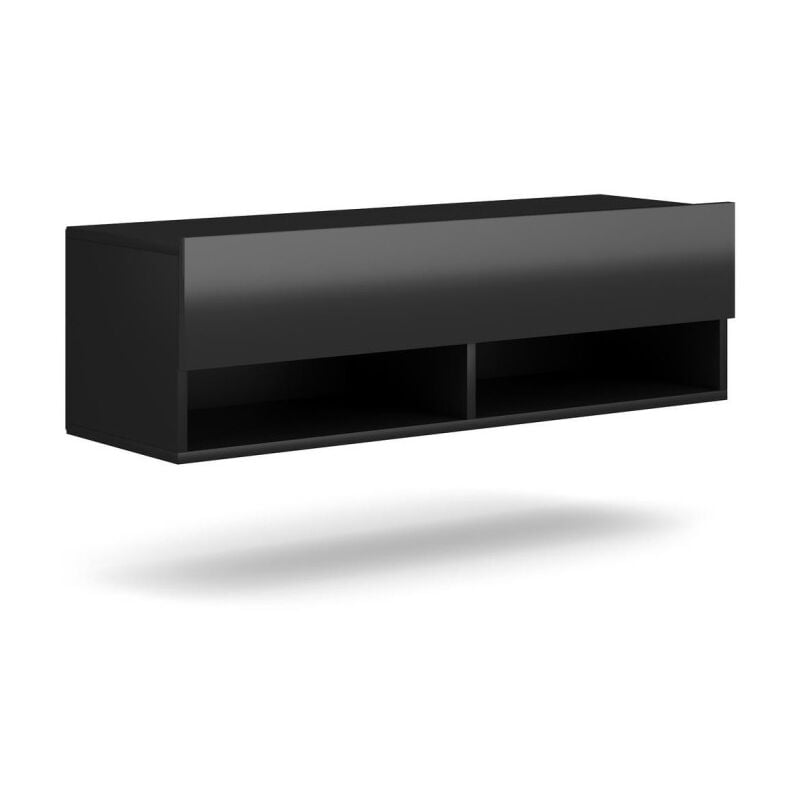 Meuble TV suspendu design CLUJ, 100 cm, 1 porte et 2 niches, coloris noir et noir brillant.