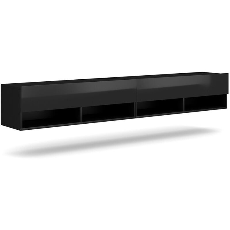 Meublorama - Meuble tv suspendu design cluj, 200 cm, 2 portes et 4 niches, coloris noir et noir brillant.