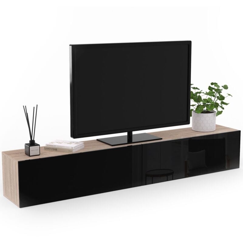 Meuble tv 180 cm suspendu elio 2 portes bois et noir