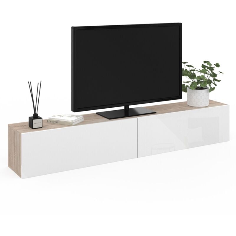 Meuble tv 180 cm suspendu elio 2 portes bois et blanc