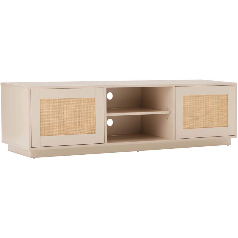 Meuble TV suspendu en bois 2 portes en rotin L160 cm crème
