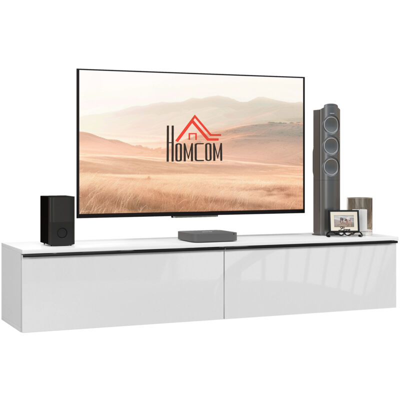 Homcom - Meuble tv suspendu meuble tv flottant design façade blanc laqué 2 portes