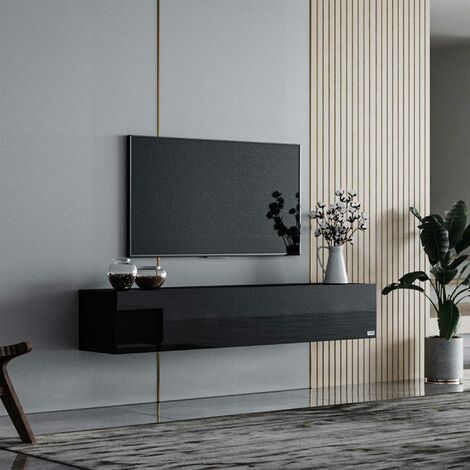Meuble TV noir brillant 160x32x30 cm – 3 compartiments de rangement – Finition facile à nettoyer – Design minimaliste moderne – Makika
