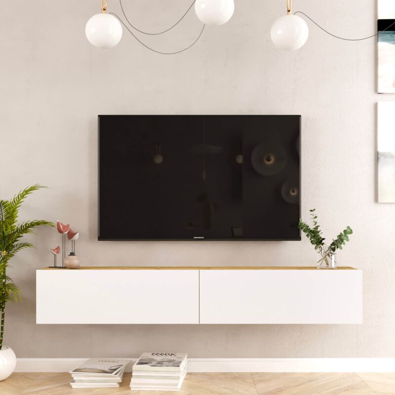 Mobili Rebecca - Meuble tv suspendu Rebecca Mobili Jatara 29,5x180x31,5 Panneau de particules Blanc Marron Clair Moderne