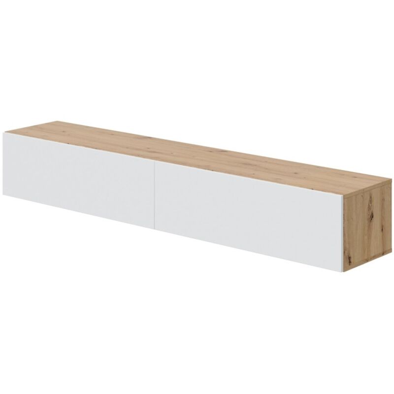 Meuble TV suspendu blanc et chêne – Dimensions 180 x 34,5 x 28 cm – Panneau mélaminé 15mm – Charnières métalliques avec piston 60Nw – Fores Meuble TV suspendu blanc et chêne – Dimensions 180 x 34,5 x 28 cm – Panneau mélaminé 15mm – Charnières métalliques avec piston 60Nw – Fores