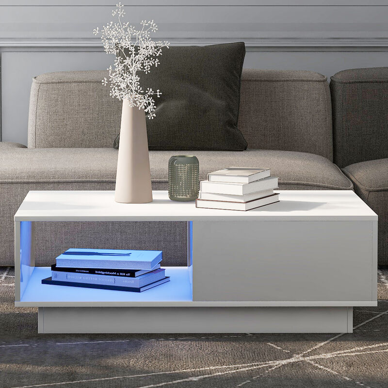 Meuble TV Table basse 99 x 55 x 32 cm avec Bandes Lumineuses LED à tiroir,Support télé,Meuble de Salon, blanc - Blanc