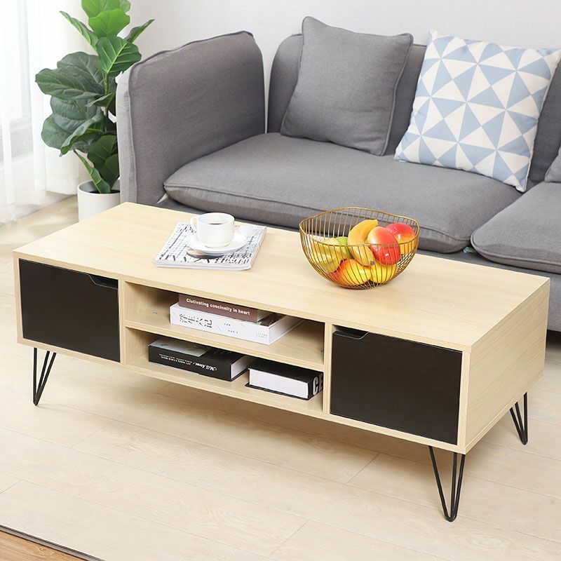 Oobest - Meuble TV Table Basse Style Scandinave avec 2 Portes et 2 Etagères - Couleur Bois et Noir - Couleur Bois et Noir