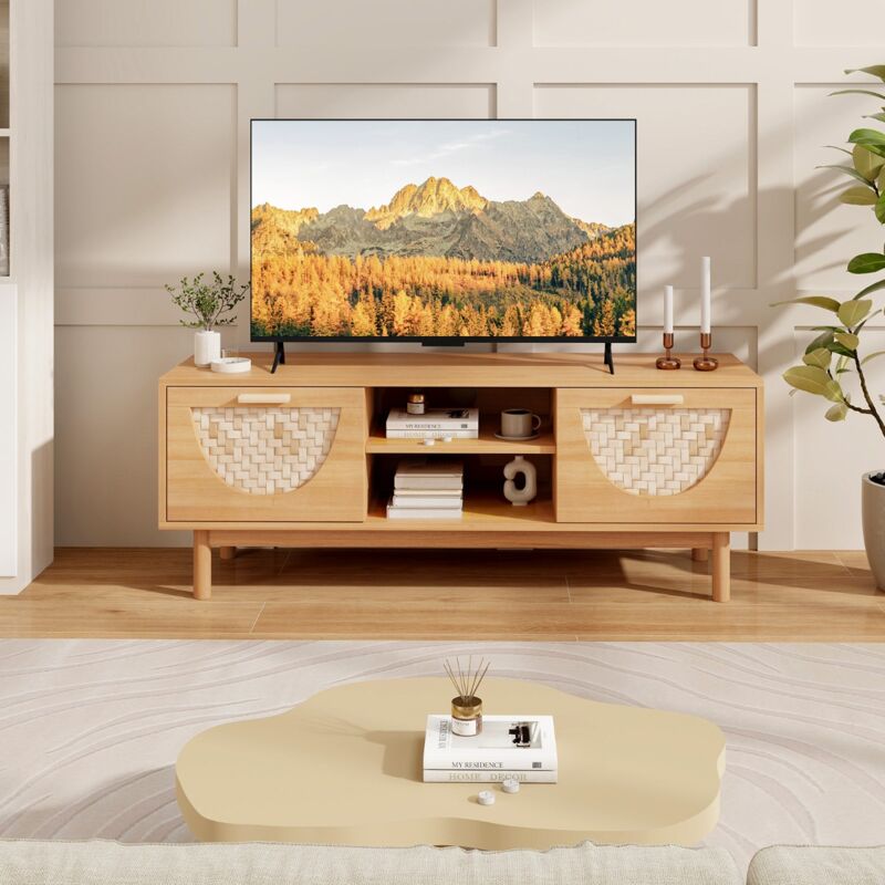 Design In - Meuble tv Table Console Multimédia Etagères Ouvertes Tiroirs Tissés en Bambou Centre de Divertissement Blanc et Naturel CW20639