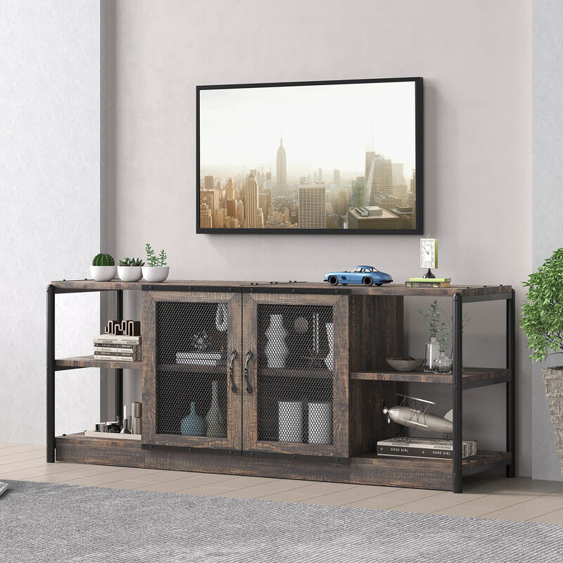 Lunsy - Meuble tv, Table tv, Etagère tv avec 2 Portes, Buffet Bas avec Compartiments Ouverts, Meuble tv, Structure en Métal pour Salon, Chêne Foncé