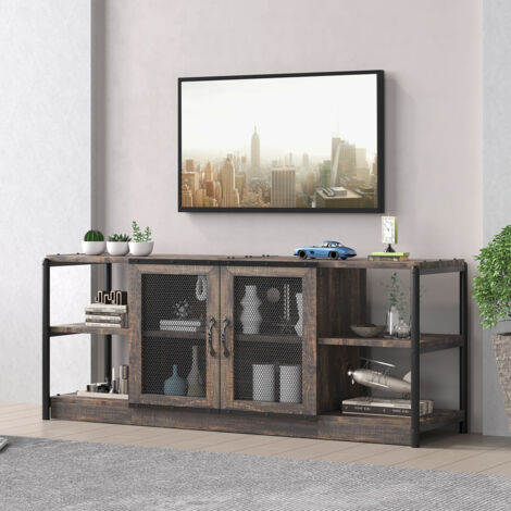 Meuble TV, Table TV, Etagère TV avec 2 Portes, Buffet Bas avec Compartiments Ouverts, Meuble TV, Structure en Métal pour Salon, Chêne Foncé