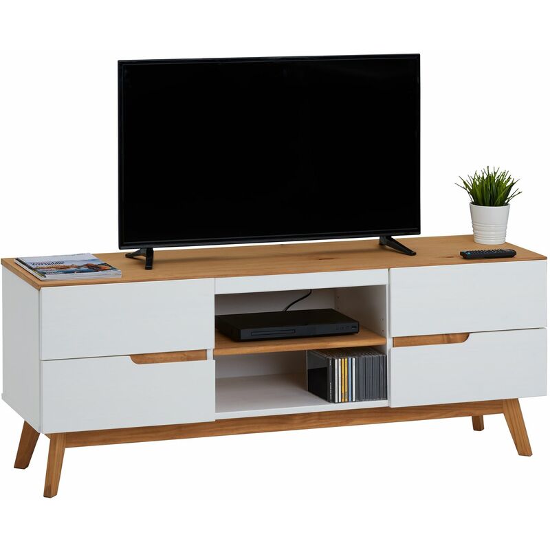 Meuble tv tibor banc télé de 149 cm au style scandinave design vintage nordique avec 4 tiroirs 2 niches, en pin massif lasuré blanc - Blanc
