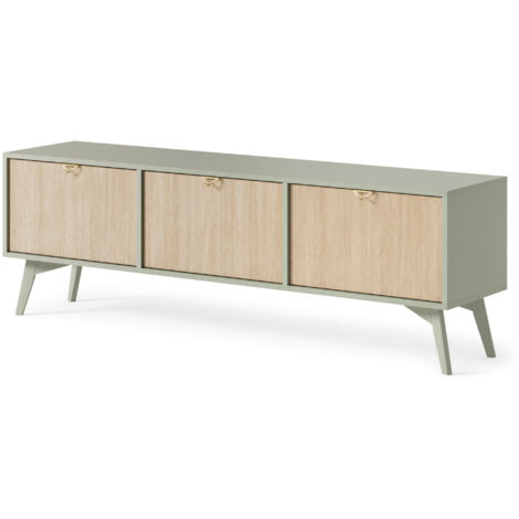 Meuble TV Tofino - Chêne - Vert - Poignées en métal - Pieds en bois - Largeur 158 cm, Hauteur 52 cm, Profondeur 38 cm