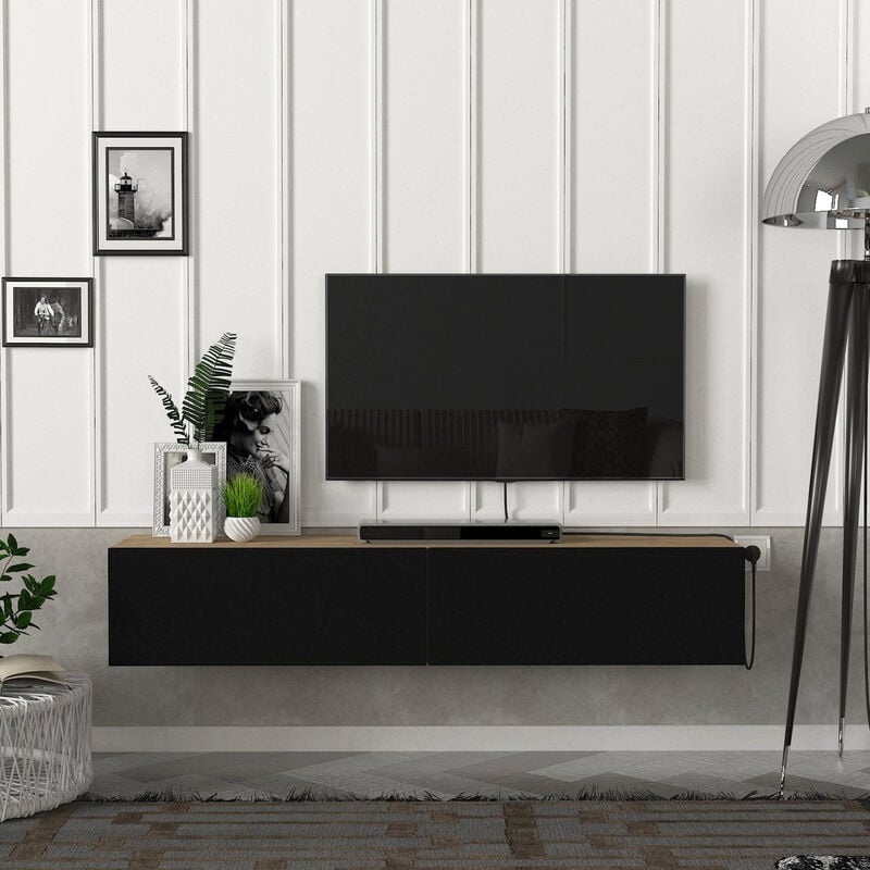 Meuble TV Toivakka 135 x 31 x 25 cm effet chêne et noir [en.casa]