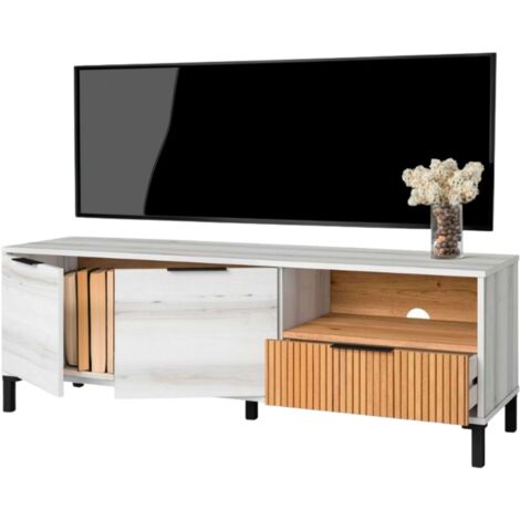Meuble TV Tokyo de style nordique en blanc Albo et chêne rayé avec 2 portes et 1 tiroir 136 cm