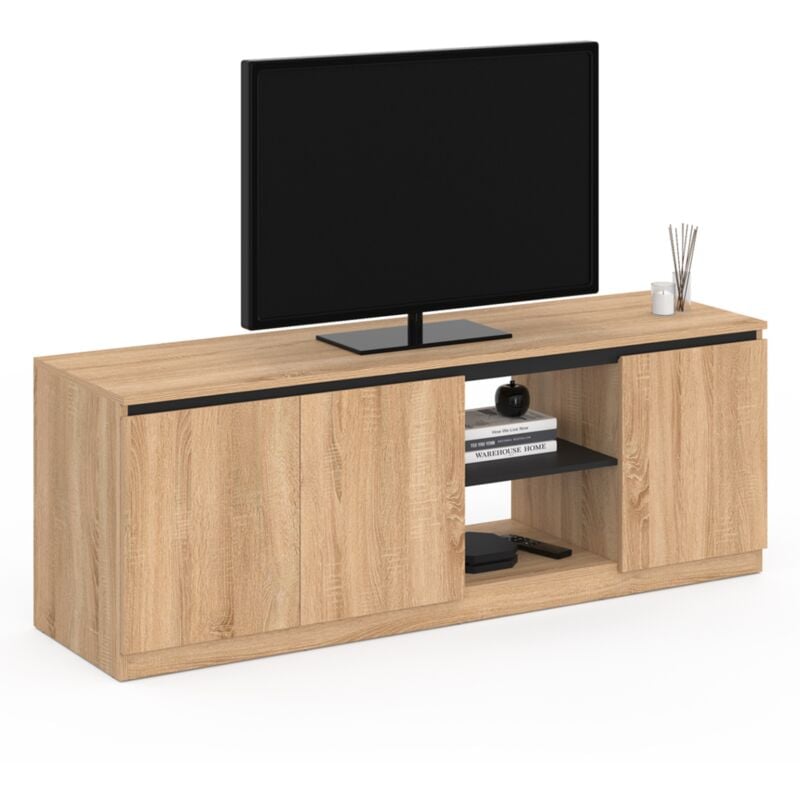 Meuble tv tomi 3 portes bois façon hêtre et noir 140 cm