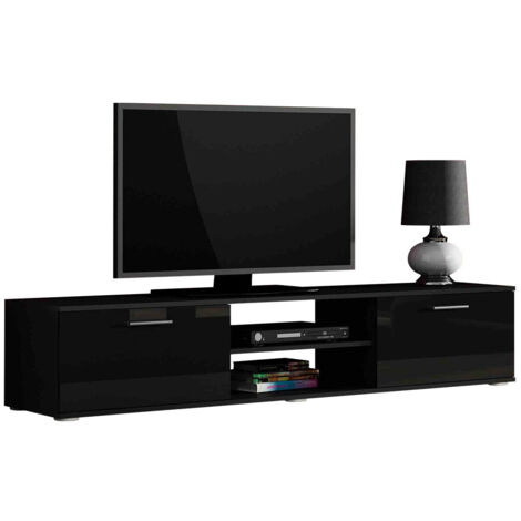 Meuble TV Tornola 101, Noir + Noir brillant, Le nombre de portes: 2, Nombre de tiroirs: 0, 180x37x43cm