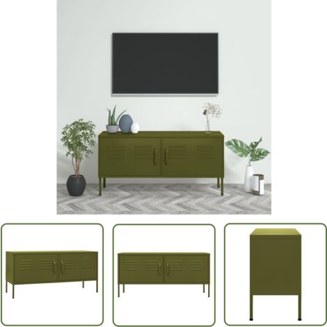 JINLEFU Meuble TV Vert olive 105x35x50 cm Acier - The Living Store