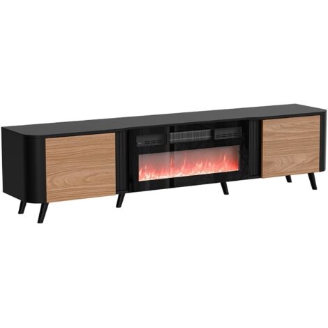 Meuble TV Vicino, buffet de salon avec deux portes battantes et cheminée électrique, surélevé du sol, 191x40 h58 cm, noir et noyer