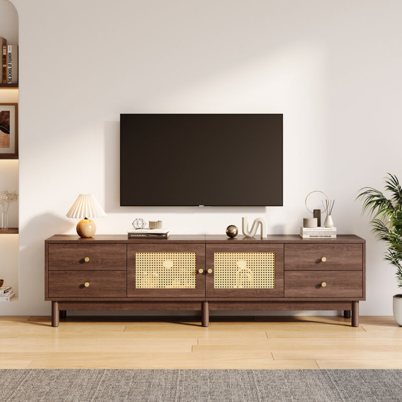 Neche - Meuble tv Vintage avec 2 portes en rotin + 4 tiroirs,Armoire pour télé 80' - 180 x 35 x 44cm - Marron
