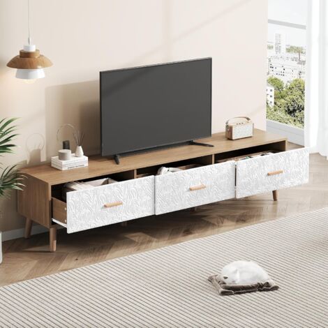 Meuble TV Vintage avec Portes - Design Rétro Style Scandinave pour Salon - Bois Texturé Blanc et Bois Clair - 150x39x35 cm