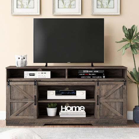 Meuble TV vintage délavé - Pour téléviseur 65, Meuble de rangement TV ouvert, Ouverture par câble, Étagères réglables à porte coulissante - Gris-LBF