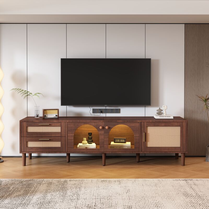 Neche - Meuble tv Vintage,Armoire pour télé 80' - 2 Tiroirs en Rotin - Portes en Verre bombé,Eclairage LED,Banc tv Marron,180 cm