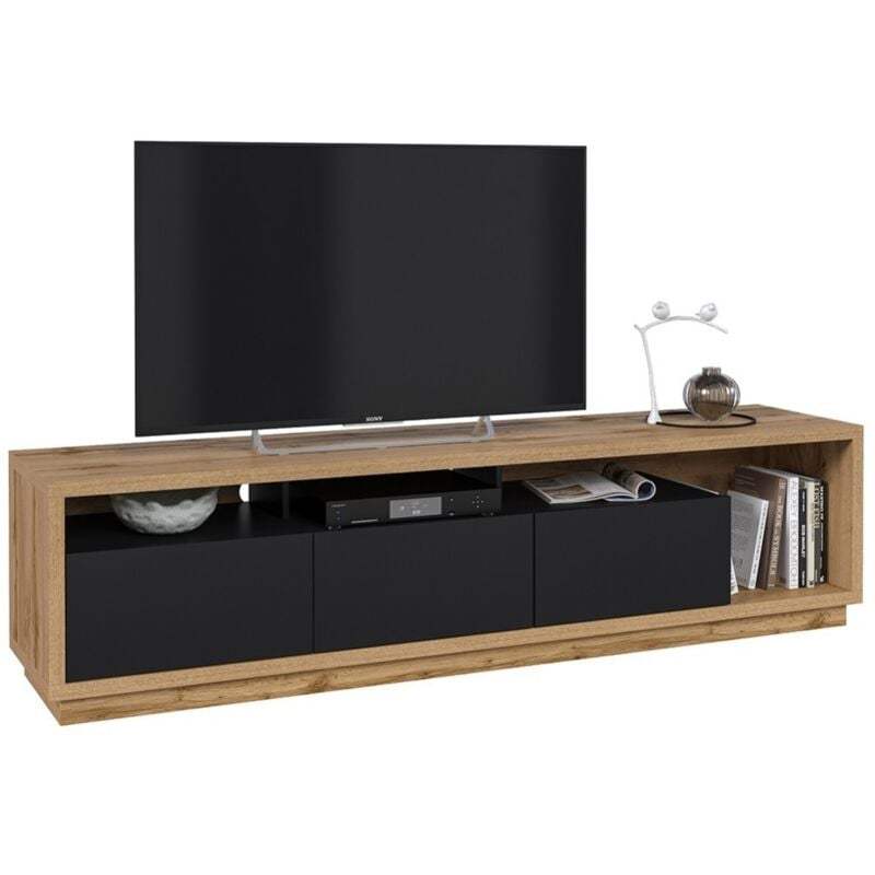 Meuble TV XL 200cm collection CLARA. Couleur chêne et noir mat.