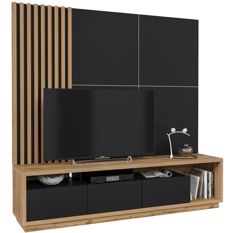 Meublorama - Meuble tv xl avec fond mural décoratif collection clara. Couleur chêne et noir mat.