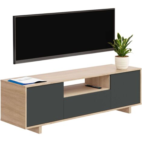 Meuble TV Zaira – 3 portes en mélamine gris anthracite et chêne canadien – Dimensions 150x41x46 cm – Compatible téléviseurs 65 pouces – Habitdesign