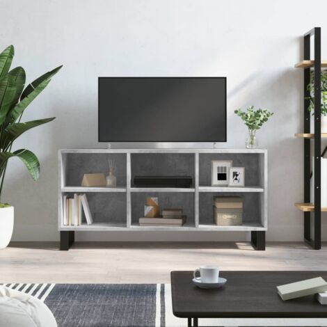 Meuble TV,Armoire de Banc TV blanc avec rangement 6 compartiments gris béton 103,5x30x50 cm bois d'ingénierie -BV74400